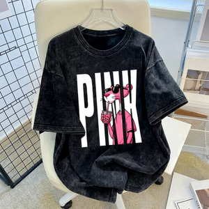 Camiseta de Algodón con Estampado de Pantera Rosa para Mujer, Cuello Redondo, Manga Corta, Corte Holgado, Diseño de Personajes, Estilo Casual de Verano - Product Image 1