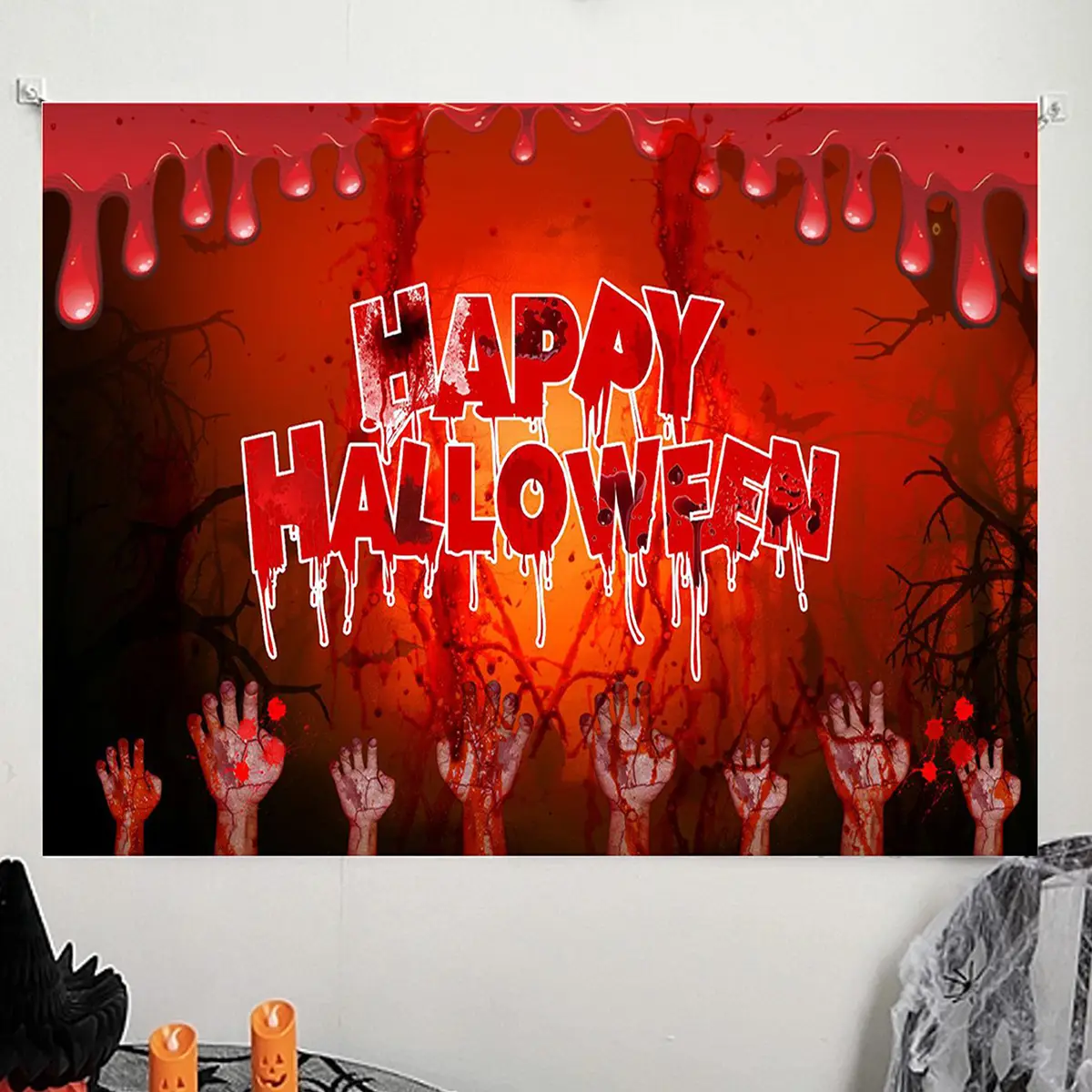 Kain latar belakang labu hantu Halloween, dekorasi adegan pesta bertema Festival hantu Halloween