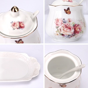 <span class=keywords><strong>Set</strong></span> Vintage di 3 Pezzi in Ceramica Porcellana con Motivi Floreali: Zuccheriera, Lattiera e Ciotola per Condimenti con Coperchio e Cucchiaio, Vassoio per Caffè, Tè, Spezie e Sale - Product Image 2