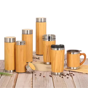 环保350毫升定制竹不倒翁不锈钢绝缘竹旅行咖啡杯带盖和手柄