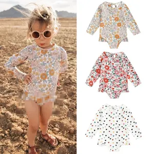 Traje de baño de una pieza con estampado personalizado para niña, traje de baño floral pequeño de manga larga con protector solar para niña