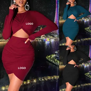 Sexy ladies casual dresses womens lady elegant long sleeve pleated bodycon dress mini bandage customized dress for women 2022