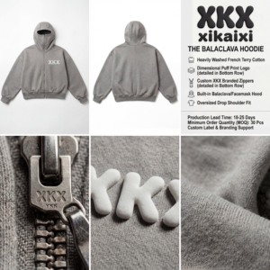 Sweat à capuche zippé slim et pantalon de survêtement en coton 100 % personnalisés, en molleton biologique français 500 g/m² épais, avec impression 3D en relief, et <span class=keywords><strong>cagoule</strong></span> zippée - Product Image 3