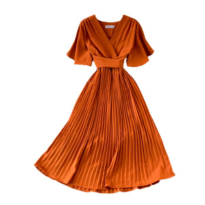 <span class=keywords><strong>Vestidos</strong></span> al por mayor para mujer, vestido <span class=keywords><strong>de</strong></span> <span class=keywords><strong>manga</strong></span> <span class=keywords><strong>corta</strong></span> por encima <span class=keywords><strong>de</strong></span> la rodilla, ajustado, con cordones en la cintura, falda larga plisada, vestido informal - Product Image 5