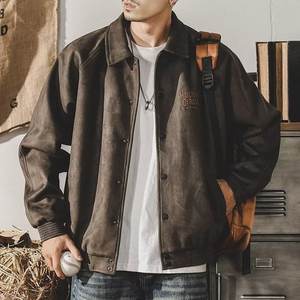 Chaqueta Retro de Béisbol para Hombre, de Terciopelo Modal Gris Verde, con Solapa, Estilo Holgado, Larga y Delgada, para Primavera y Otoño, de Marca de Moda, Cálida - Product Image 3