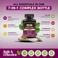 Rosebest Complément Alimentaire en Capsules 7-en-1 Certifié GMP, Personnalisable, Marque Privée, 65mg de Fer avec Vitamine C, B12 et Folate pour Femmes