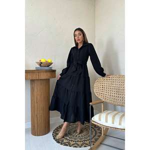 Vestido Negro con Cinturón, Corte en A, Cuello Redondo, Tejido, Uso Diario Informal, Cintura Natural, Lavable - Product Image 4