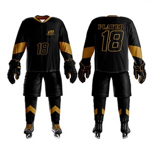 Tenue de hockey sur glace LTN pour homme, noir et or, numéro personnalisé 18, respirante, 100 % polyester, thermocollage sans couture, pour équipe adulte - Product Image 1