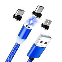 Kabel USB Pengisian Cepat Magnetik Tembaga Murni Hitam 360 dengan Ujung Magnetik 3 in 1 untuk IOS & Komputer