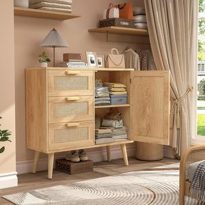Gabinete de almacenamiento decorativo para muebles de sala de estar de estilo moderno con puerta de ratán y estante ajustable de 3 cajones para dormitorio y comedor - Product Image 6