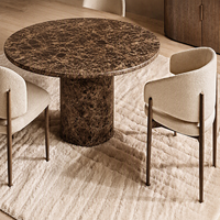 Ensemble de table à manger moderne en marbre et cuir avec 7 fauteuils, bordure surélevée, design écologique pour la maison et l'hôtellerie