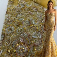 Tissu en tulle brodé de perles et de sequins lourds, motif floral vintage, entièrement perlé, pour robe de mariée, robe de soirée, couture