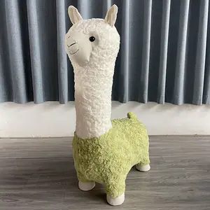 การ์ตูน Alpaca ม้านั่งห้องนั่งเล่นห้องนอนเด็กเฟอร์นิเจอร์กำมะหยี่น่ารักออตโตมันไม้กรอบตุ๊กตา