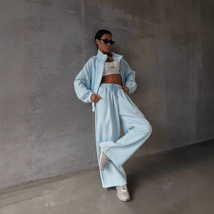 Conjunto de Ropa Deportiva Personalizada para Mujer, Sudadera Holgada con Cierre de Media Cremallera y Pantalones Rectos de Pierna Ancha, Estilo Americano Minimalista - Product Image 4