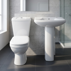 Ensemble WC et lavabo en céramique deux pièces avec piédestal, équipement sanitaire pour salle de bain - Product Image 1