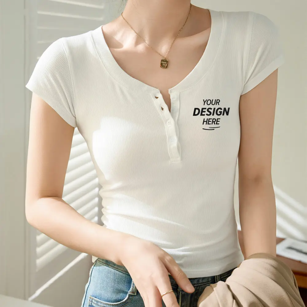 XX24108 grosir benang wanita T-shirt musim panas atasan dasar ramping kustom cetak Logo kaos leher V lengan pendek untuk wanita