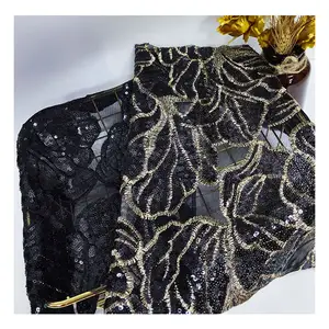 Chất lượng cao Polyester và Spandex thêu sequin lưới vải lurex kim loại sợi vải cho trang phục