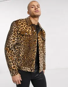 2021 Latest Fashion Wholesale Men Spread Collar Button Placket Cropped Faux Fur Leopard Print Western Jacket