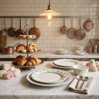 Nouvel ensemble de vaisselle en céramique 2026 style campagne française vintage, motif rose, assiette à dessert ovale festonnée bleue à motifs floraux, compatible micro-ondes (surface vernie)