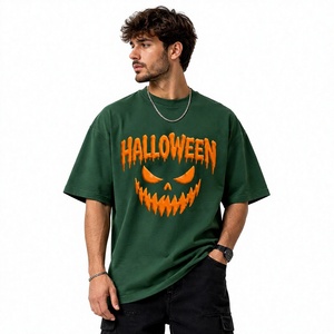 T-shirt graphique personnalisé Halloween, impression 3D en relief, motif visage de citrouille, vert, coton oversize, pour hommes et femmes, streetwear décontracté - Product Image 1