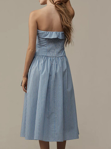 เดรสผู้หญิงแบบไม่มีสายคล้องไหล่ ลายทาง ความยาวปานกลาง ผ้าฝ้าย เอวสูง ทรงเอไลน์ พร้อมโบว์ผูกสไตล์ฝรั่งเศส แบบไม่มีแขน - Product Image 5