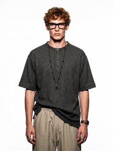 2026 Summer New Men Henley Tee <b>Waffle</b> Cotton Fabric Vintage Relaxed Fit Oversized Short Sleeve T-<b>shirt</b> Minimalist Old Money - Product Image 5