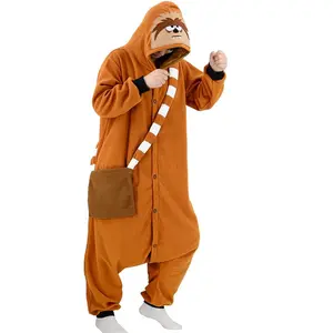 Pakaian Halloween maskot malas Cosplay lucu Chewbacca coklat jumpsuit untuk dewasa kostum pesta