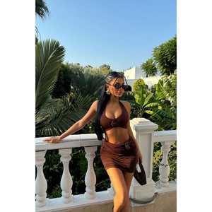 Brown Loose-Fit 2-Piece Outfit Set with Rose Detail Woven Daily Casual Top and Above Knee <b>Skirt</b> for <b>Office</b> Ladies in Autumn - Product Image 4