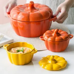 Drop shipping Creative Pumpkin Ceramic Stew Cup Double Ear with Cover Bowl Salad Bowl Steamed Egg Cup Dessert Baking Baking Bowl