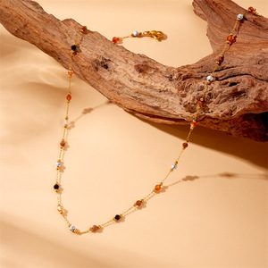 European American Style Retro Colorful Stone Beaded Chain Stainless Steel Gold Plated Necklace - Product Image 3