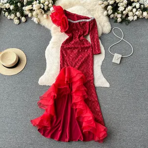 יוקרה נשים אדום ארוך שמלת תחרה פאייטים חצי שרוולים קפלי שמלת נשים אחת כתף Fishtail שמלת ערב