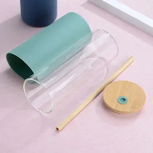 Зеленый перерабатываемый 500 мл изолированный протектор для рук набор резиновых чашек стекло с бамбуковой соломкой панды