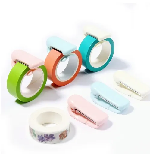 Mini taşınabilir şeker renk plastik maskeleme bandı kesici bant sanat DIY el sanatları Scrapbooking araçları için