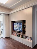 Mueble de TV para Sala de Estar, Mueble de TV Moderno y Lujoso con Chimenea, Mueble de Sala de Estar Personalizado en Madera de Nogal