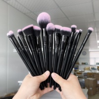 Ensemble de 18 pinceaux de maquillage noirs brillants pour cheveux, de couleur rose, de luxe, avec étiquette privée, pinceaux professionnels, support personnalisé avec logo