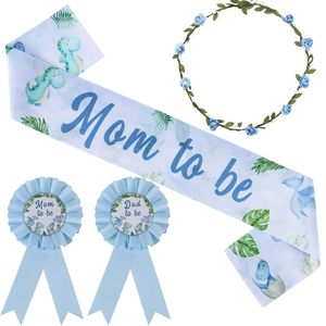 Décorations de baby shower sur le thème des dinosaures pour garçon, sash de maternité bleu <span class=keywords><strong>dinosaure</strong></span> pour future maman, bouton de maternité pour future maman et future <span class=keywords><strong>papa</strong></span>, couronne de fleurs et bandeau - Product Image 1