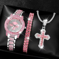 Ensemble 3 Pièces 2025 : Montre Rose, Collier Croix, Montre-Bracelet Strass, Montres Décontractées pour Femmes, Ensemble Bracelet