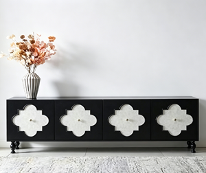 <b>Black</b> & White Quatrefoil Pattern TV Stand, Modern Media <b>Console</b> with Turned Legs for Living Room - Product Image 3