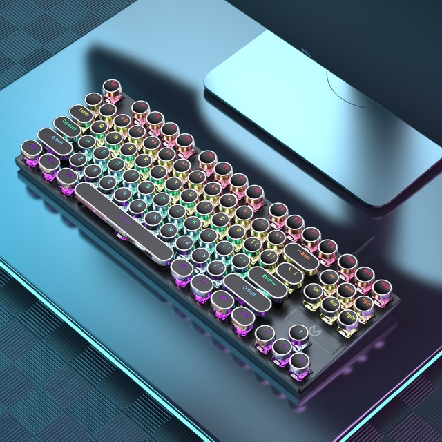 HX-JX02 Round Punk Retro Keycap 87-Key Wired USB LED Rainbow Backlit Ergonomic High-end Gaming Mechanical Keyboard