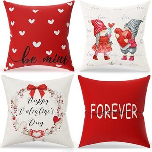 Valentine's Day Heart Pillow <b>Cover</b> Set 4Pc Square <b>Throw</b> Pillowcase Red Plaid Love Home Decor Cushion <b>Cover</b> for <b>Sofa</b> - Product Image 4