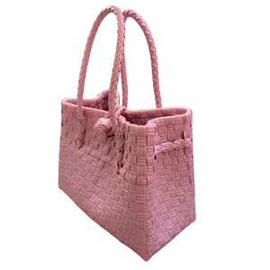 Eco Friendly Handmade Pink Woven <b>Plastic</b> Tote <b>Bag</b> Custom Summer <b>Beach</b> Shoulder Shopping Basket Handbag For Women Daily Wholesale - Product Image 2