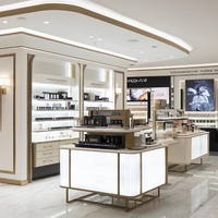 Comptoir de caisse blanc de luxe, vitrine cosmétique haut de gamme avec éclairage LED, taille et couleur personnalisables