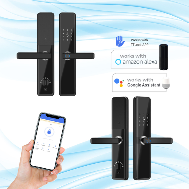 For New Design Safety TTLock App Smart Lock Alexa WiFi Waterproof Fingerprint Wood Door Lock with 500 Fingerprints Memory Card