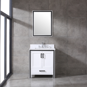 Industrial White Wooden <b>Freestanding</b> Bathroom Vanity <b>Unit</b>, Marble Top Wash Basin Cabinet with Framed Mirror for Home & Hotel - Product Image 1