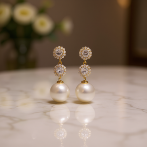 Pendientes E3626 Golden Drop con Perla Cultivada AAA, Diseño de Flor Blanca Redonda, Engaste de Bisel, Joyería Clásica para Bodas de Mujer - Product Image 2