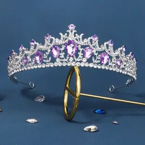 Tiara púrpura de plata para novia, Tiara de cristal con diamantes de imitación, Corona para reinas Corona, joyería para el cabello