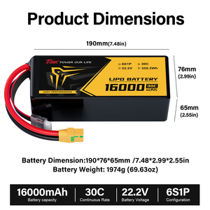 แบตเตอรี่ LiPo เกรดอุตสาหกรรม 350Wh/kg 30C 22.2V 16Ah 6S1P แบบแพ็คน้ำหนักเบาพิเศษ สำหรับ VTOL ยกของหนัก และ UAV บินได้นาน - Product Image 4