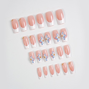 24 faux ongles blancs à pression, motif fleur bleue 3D, forme tube, avec perles dorées, réutilisables, pour manucure de fête - Product Image 3