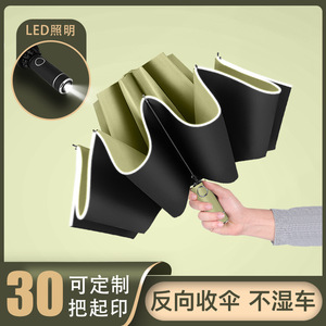Reverse Umbrella Automatic Foldable Rain And Sun Protection Car Friendly With Reflective Edge LED Light Matcha Green Haze Blue - Product Image 5