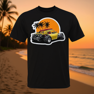 T-shirt Baja Bug noir avec design graphique de voiture, coucher de soleil, palmiers, vêtements décontractés pour hommes - Product Image 3